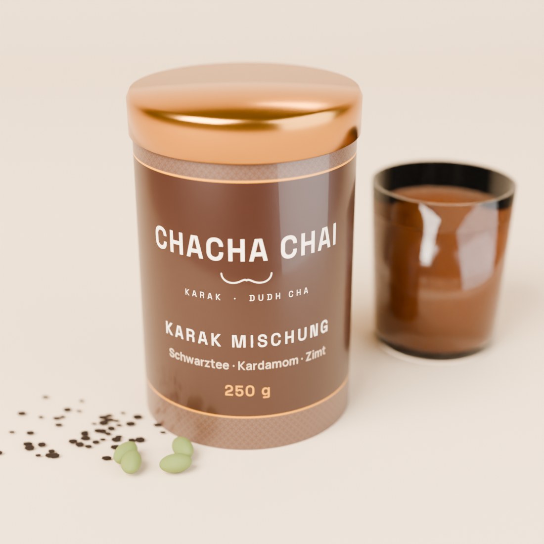 Visualisierung: Dose Karak Mischung neben einem Glas