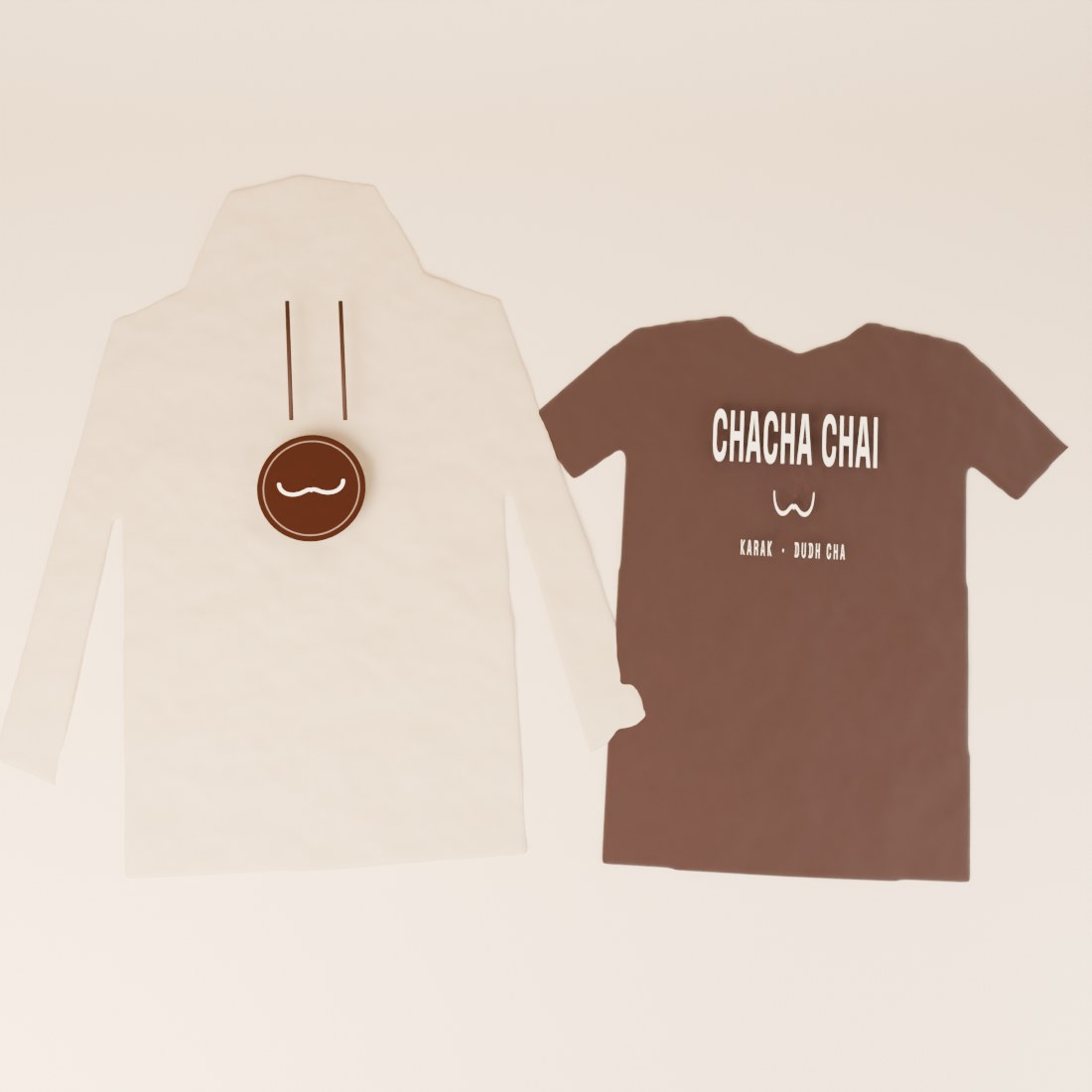 Visualisierung: braunes T Shirt und cremefarbener Hoodie, flach gelegt
